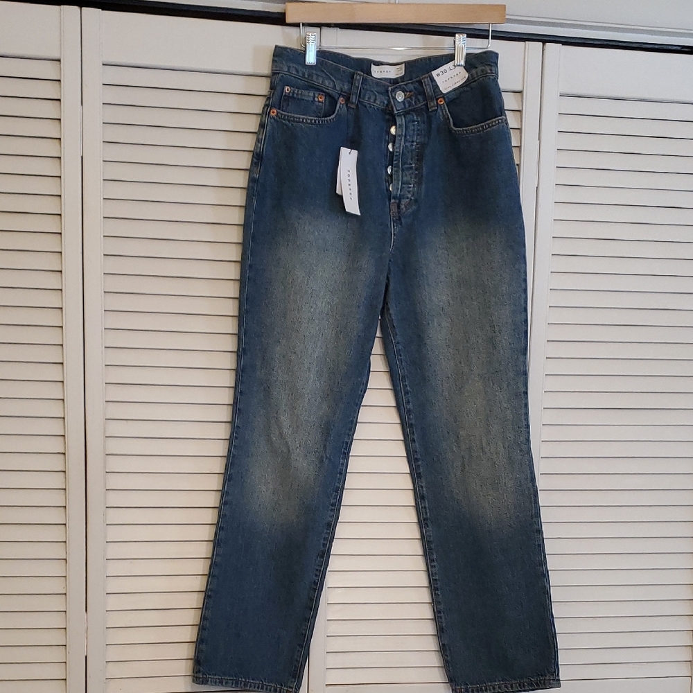 NWT Top Shop Button Fly High Waisted NWT Blue Denim Jeans, Size 8